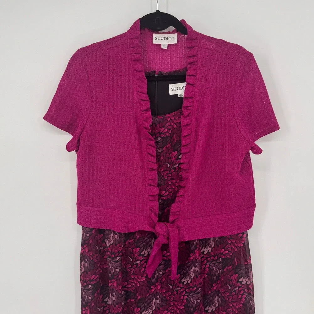 Studio I Dress & Cardigan Set Womens 12 Magenta Floral Ruffle Good 2pc Modest